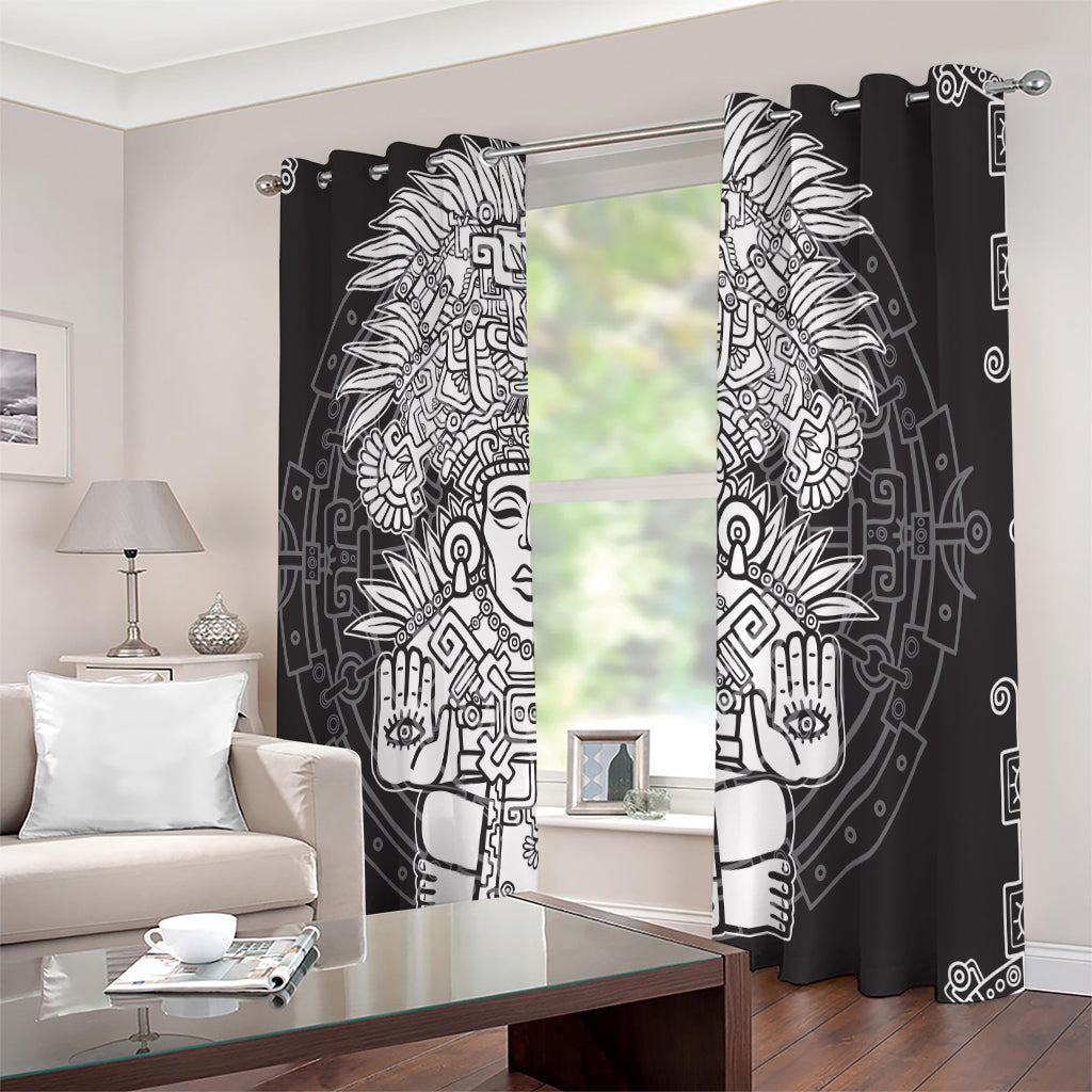 Blue And White Mayan Statue Print Extra Wide Grommet Curtains