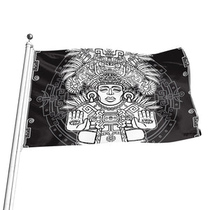 Blue And White Mayan Statue Print Flag