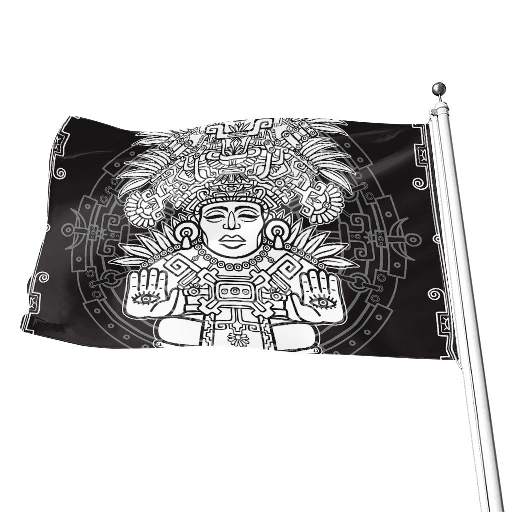 Blue And White Mayan Statue Print Flag