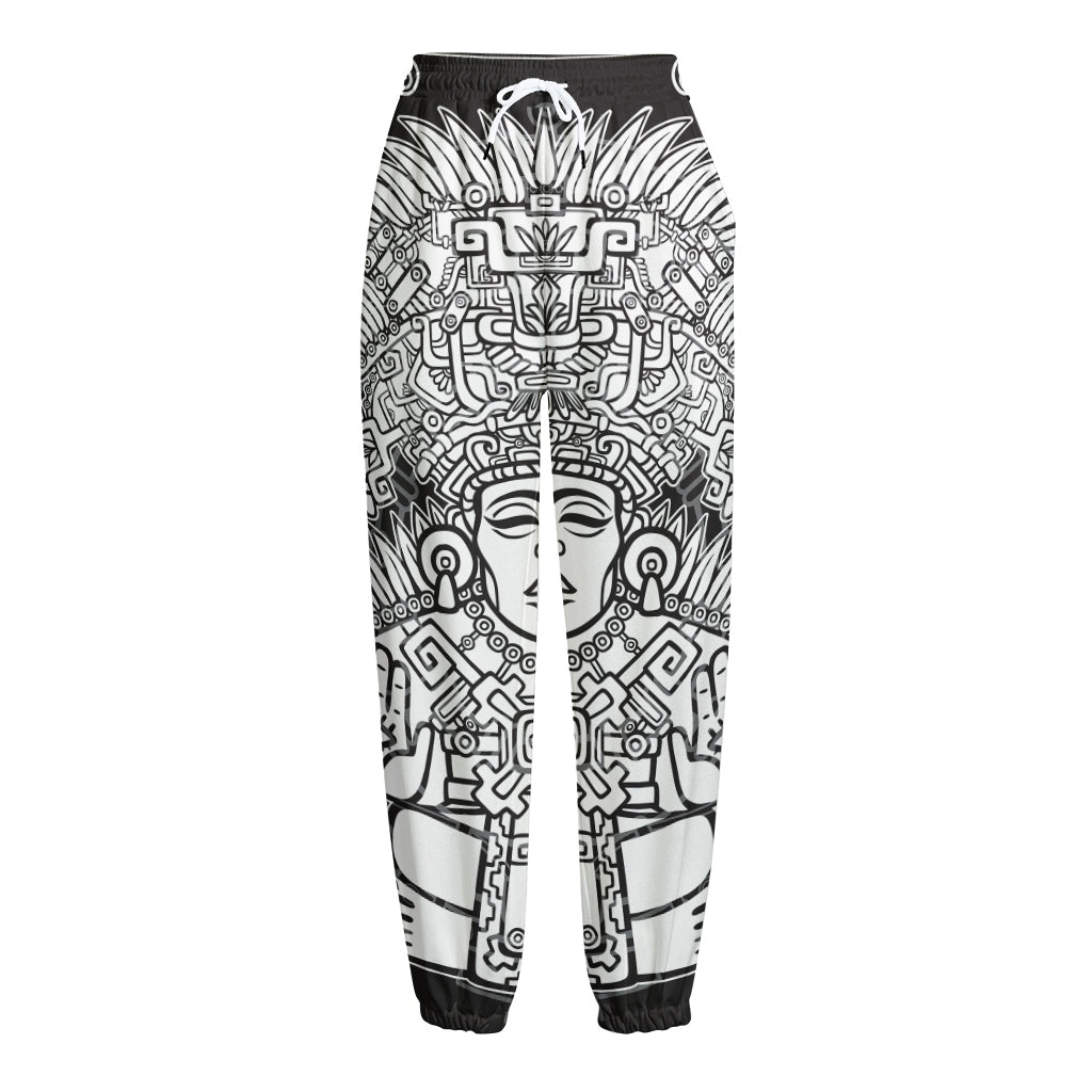 Blue And White Mayan Statue Print Fleece Lined Knit Pants