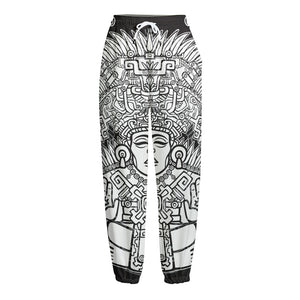 Blue And White Mayan Statue Print Fleece Lined Knit Pants