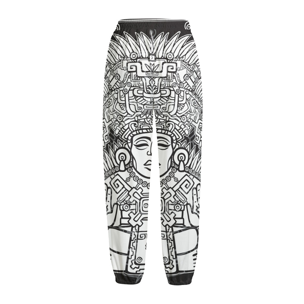 Blue And White Mayan Statue Print Fleece Lined Knit Pants