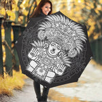 Blue And White Mayan Statue Print Foldable Umbrella