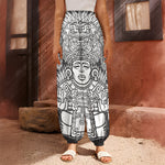 Blue And White Mayan Statue Print Harem Pants