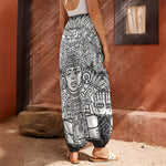 Blue And White Mayan Statue Print Harem Pants