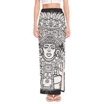 Blue And White Mayan Statue Print High Slit Maxi Skirt