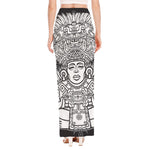 Blue And White Mayan Statue Print High Slit Maxi Skirt