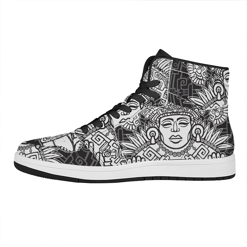 Blue And White Mayan Statue Print High Top Leather Sneakers