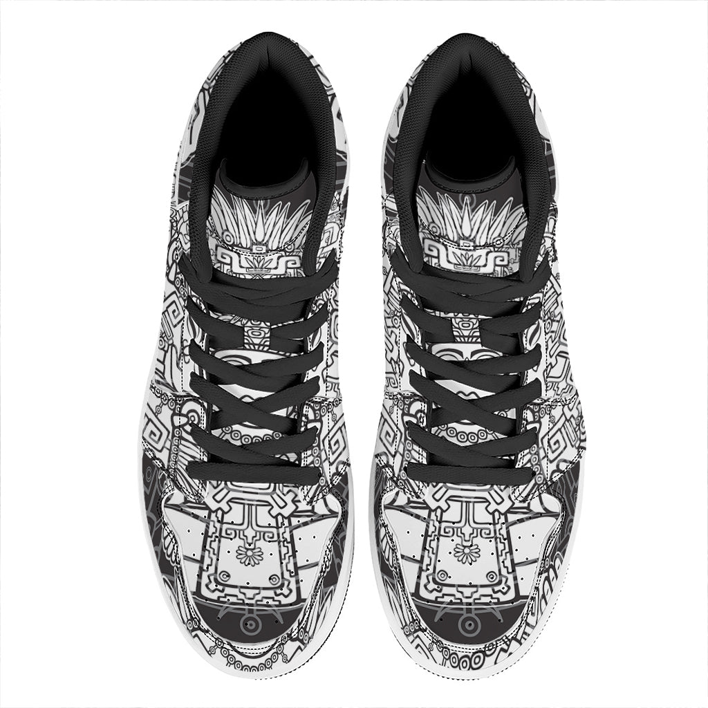 Blue And White Mayan Statue Print High Top Leather Sneakers