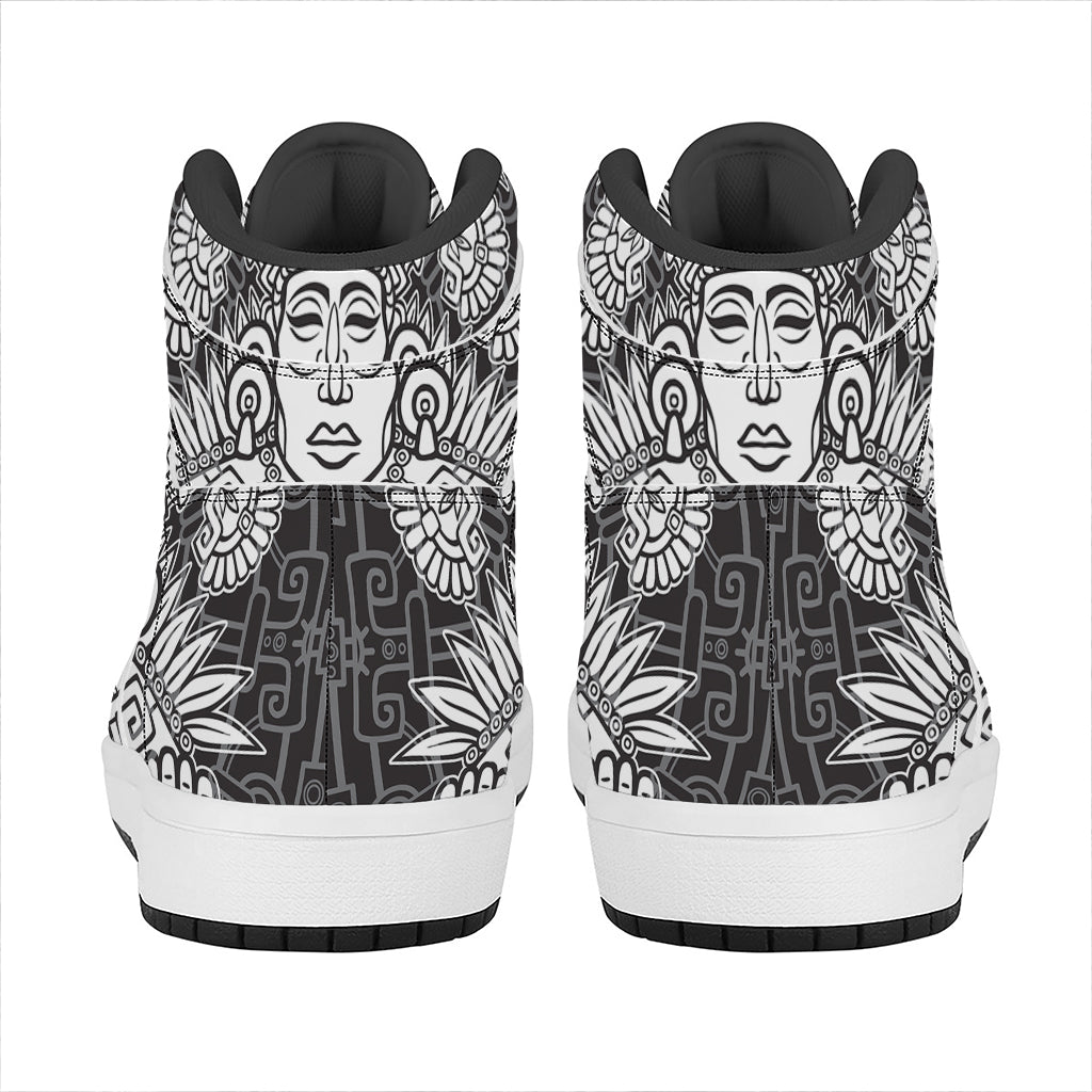 Blue And White Mayan Statue Print High Top Leather Sneakers