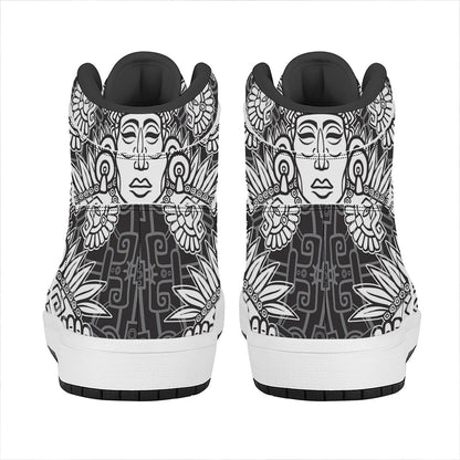 Blue And White Mayan Statue Print High Top Leather Sneakers