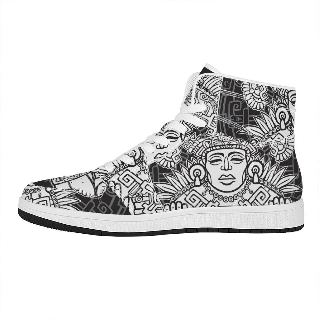 Blue And White Mayan Statue Print High Top Leather Sneakers
