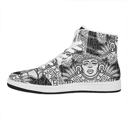 Blue And White Mayan Statue Print High Top Leather Sneakers