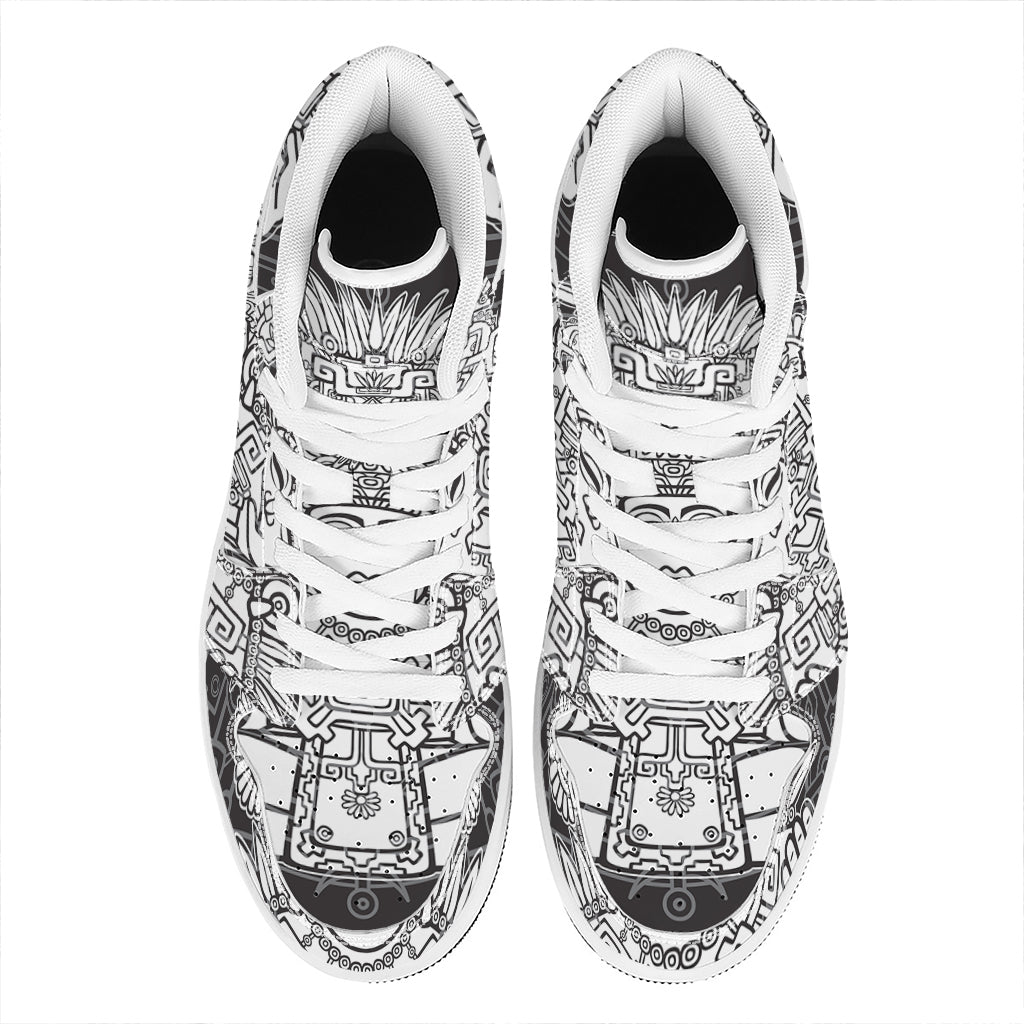 Blue And White Mayan Statue Print High Top Leather Sneakers