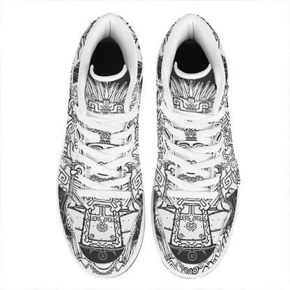 Blue And White Mayan Statue Print High Top Leather Sneakers