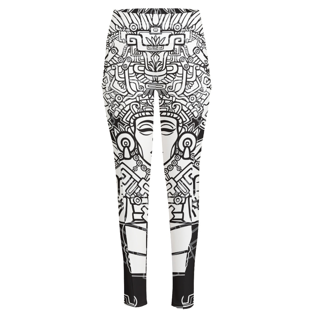 Blue And White Mayan Statue Print High-Waisted Pocket Leggings