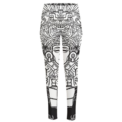 Blue And White Mayan Statue Print High-Waisted Pocket Leggings