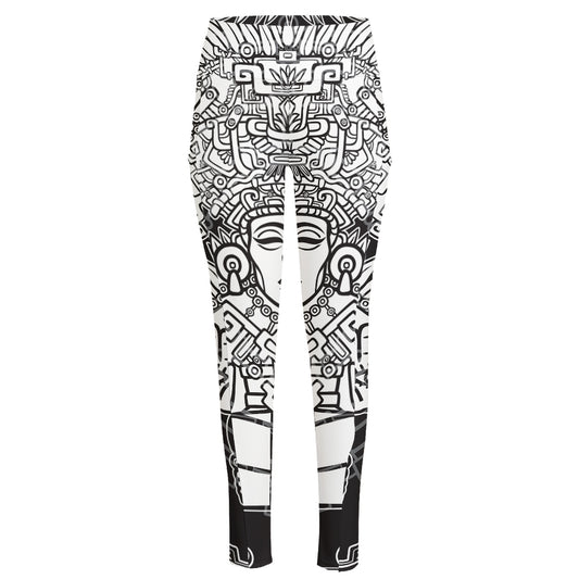 Blue And White Mayan Statue Print High-Waisted Pocket Leggings