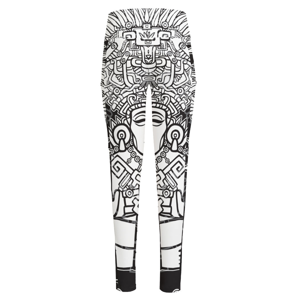 Blue And White Mayan Statue Print High-Waisted Pocket Leggings