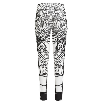 Blue And White Mayan Statue Print High-Waisted Pocket Leggings