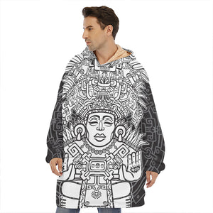 Blue And White Mayan Statue Print Hoodie Blanket