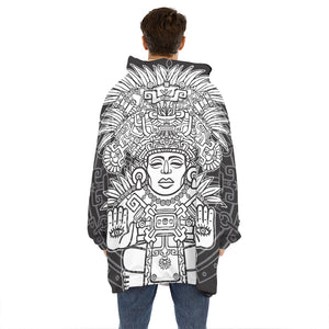 Blue And White Mayan Statue Print Hoodie Blanket