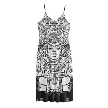 Blue And White Mayan Statue Print Jersey Midi Cami Dress