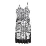 Blue And White Mayan Statue Print Jersey Midi Cami Dress