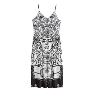 Blue And White Mayan Statue Print Jersey Midi Cami Dress