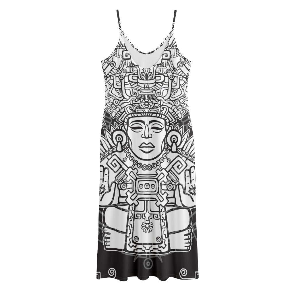 Blue And White Mayan Statue Print Jersey Midi Cami Dress