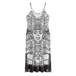 Blue And White Mayan Statue Print Jersey Midi Cami Dress