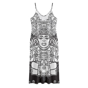 Blue And White Mayan Statue Print Jersey Midi Cami Dress