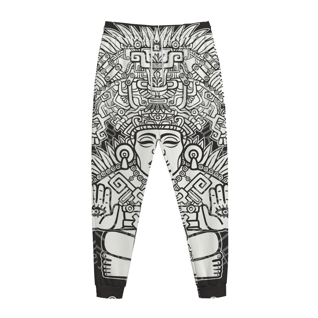 Blue And White Mayan Statue Print Jogger Pants