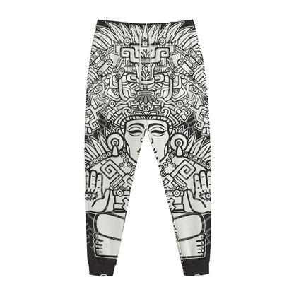Blue And White Mayan Statue Print Jogger Pants