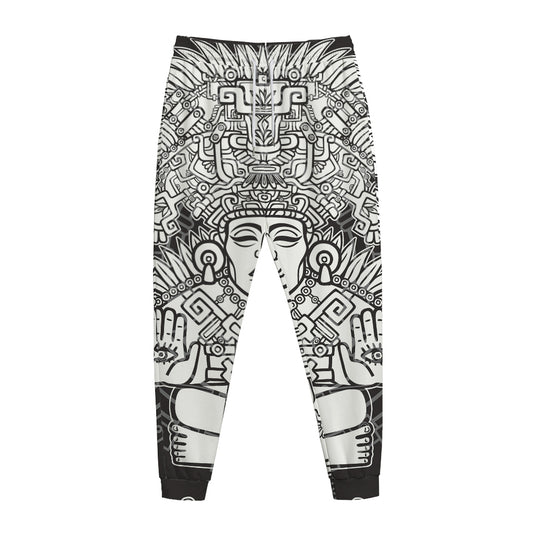 Blue And White Mayan Statue Print Jogger Pants