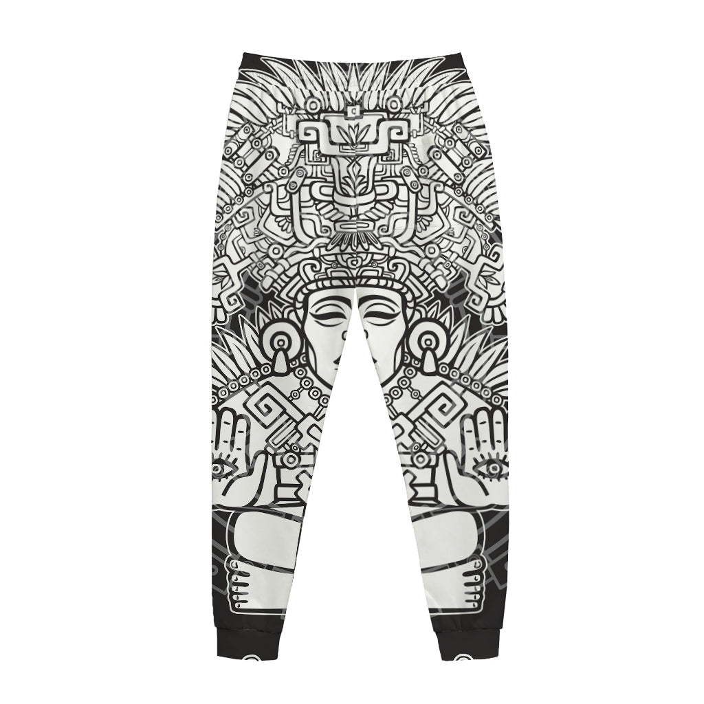Blue And White Mayan Statue Print Jogger Pants