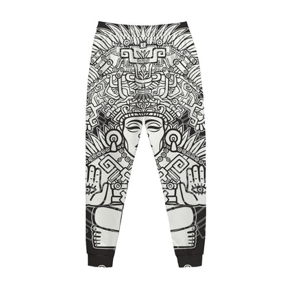 Blue And White Mayan Statue Print Jogger Pants