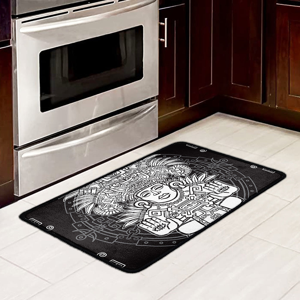 Blue And White Mayan Statue Print Kitchen Mat