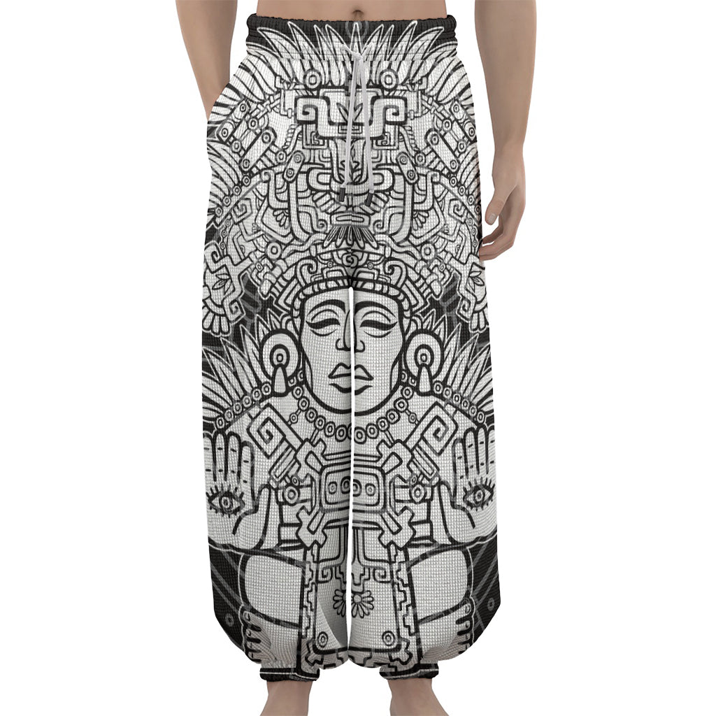 Blue And White Mayan Statue Print Lantern Pants