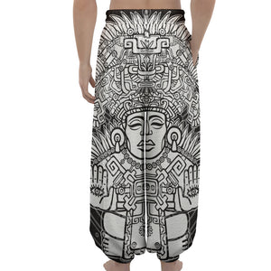 Blue And White Mayan Statue Print Lantern Pants