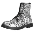 Blue And White Mayan Statue Print Lace-Up Boots