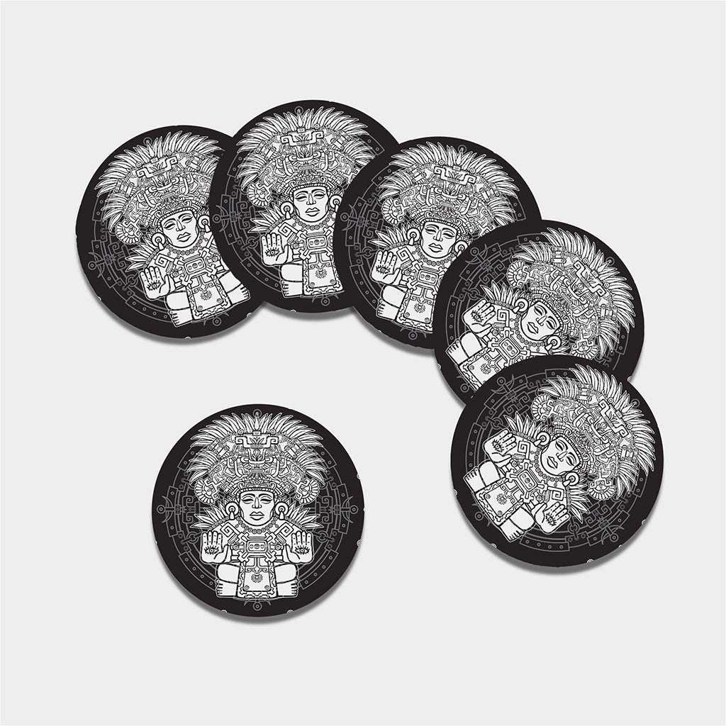 Blue And White Mayan Statue Print Leather Coaster Set