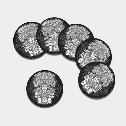 Blue And White Mayan Statue Print Leather Coaster Set
