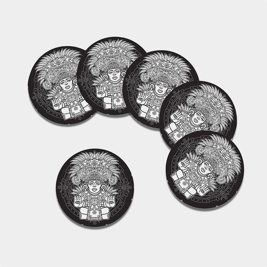 Blue And White Mayan Statue Print Leather Coaster Set