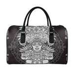 Blue And White Mayan Statue Print Leather Duffle Bag