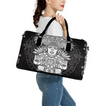 Blue And White Mayan Statue Print Leather Duffle Bag