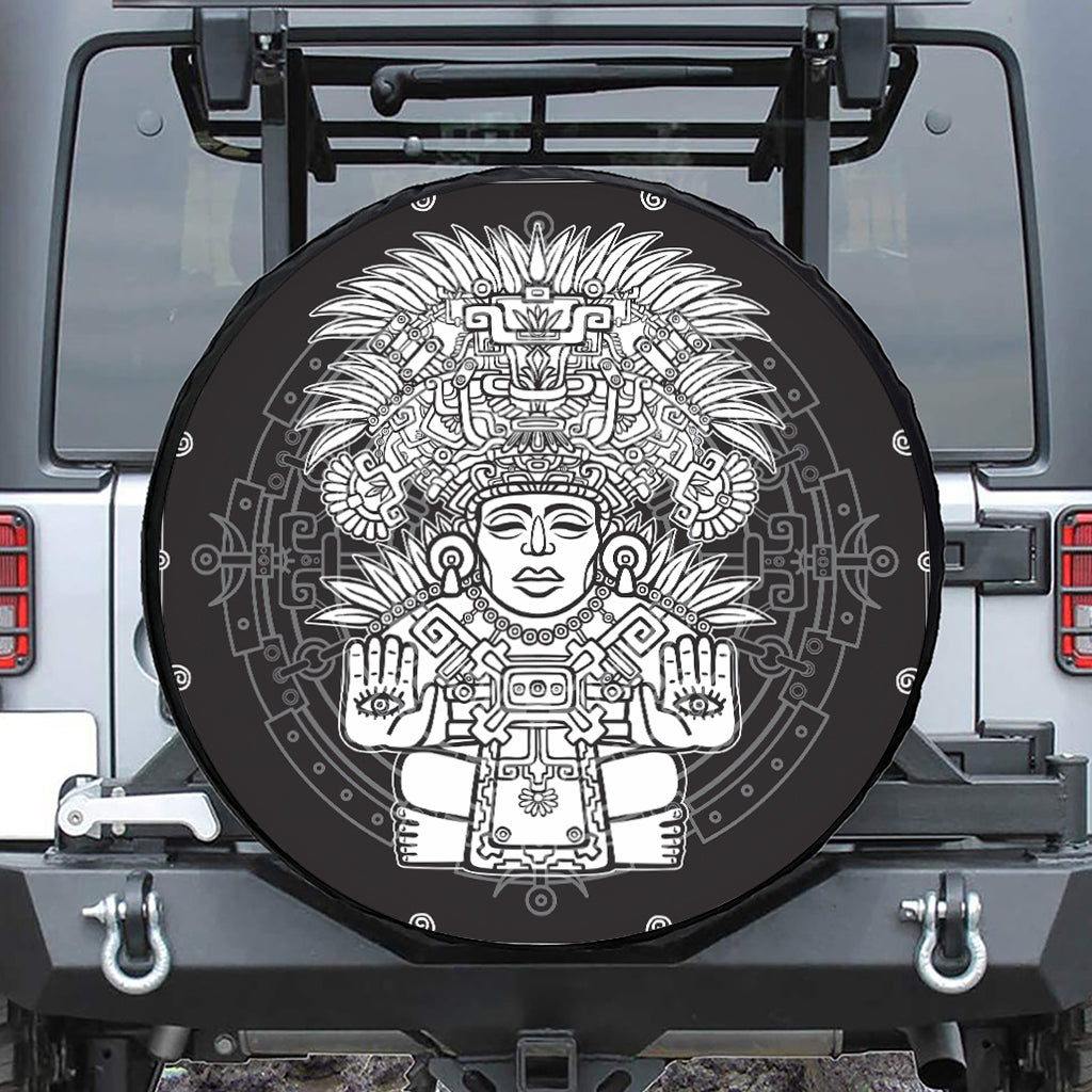 Blue And White Mayan Statue Print Leather Spare Tire Cover