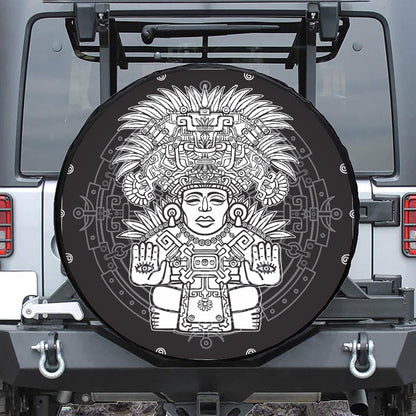 Blue And White Mayan Statue Print Leather Spare Tire Cover