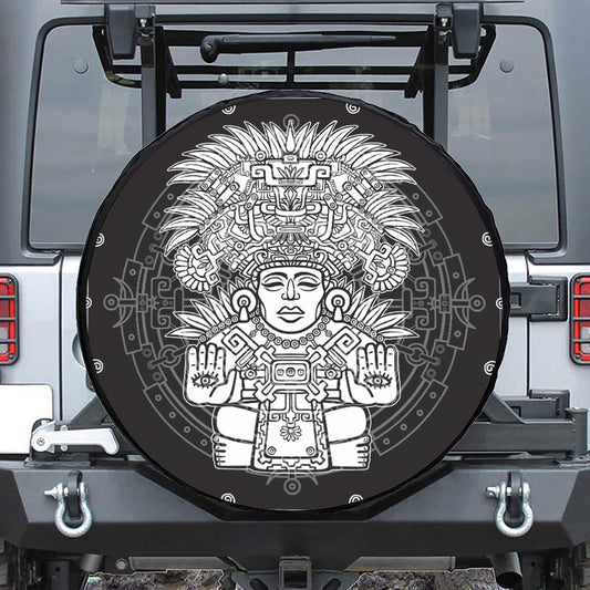 Blue And White Mayan Statue Print Leather Spare Tire Cover