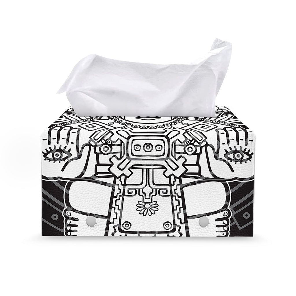Blue And White Mayan Statue Print Leather Tissue Box Cover